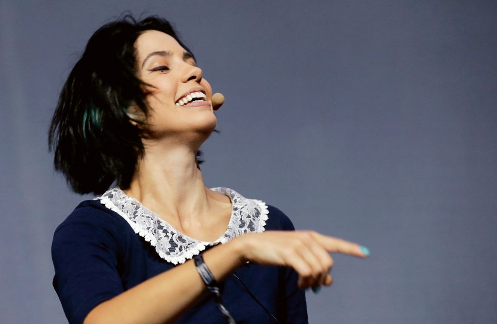 Pussy Riot Nadja Tolokonnikova tijdens een conferentie in Vilnius, mei 2016.