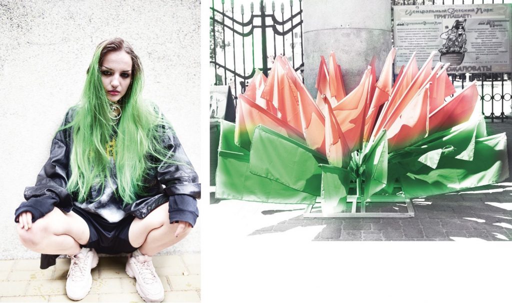 ‘Anarchistische gothic’ Alicia (21) woont sinds twee jaar in Polen. ‘In Wit-Rusland verborg ik mijn gothic kant. Te gevaarlijk, te atypisch. Hier in Polen sloot ik me aan bij anarchistische Wit-Russische groepen die strijden tegen de dictatuur.’ Rechts: vaandels in de kleuren van de Wit-Russische vlag.
