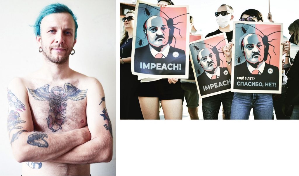 Vadim was onderdeel van de punkbeweging in Wit-Rusland. Hij vertrok drie jaar geleden naar Polen om de strijd daar voort te zetten ‘vanuit een democratischer land waar vrijheid van meningsuiting en protest mogelijk zijn’. Rechts: Een protest in de Poolse hoofdstad Warschau in augustus dit jaar tegen het regime in Wit-Rusland.