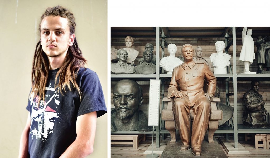 Pavel woont sinds twee jaar in Polen. Met zijn dreadlocks werd hij constant in de gaten gehouden. Vanwege constante angst besloot hij te vluchten. ‘Anders zijn was bijna een misdaad en ik haat deze Sovjetwaarden.’ Rechts: standbeeld van Stalin in een museum in Minsk.