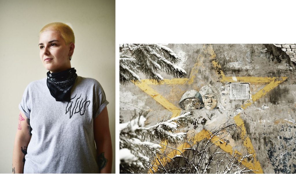 Lydia (23) vluchtte zes maanden geleden naar Polen, omdat het werk dat ze daar deed als oppositie-kunstenaar te gevaarlijk werd. In Polen mist ze de adrenaline van de strijd tegen het regime. ‘Mijn leven had meer betekenis, maar hier heb ik zekerheid, ik ben niet langer bang.’ Rechts: muurschildering uit het Sovjet-tijdperk.