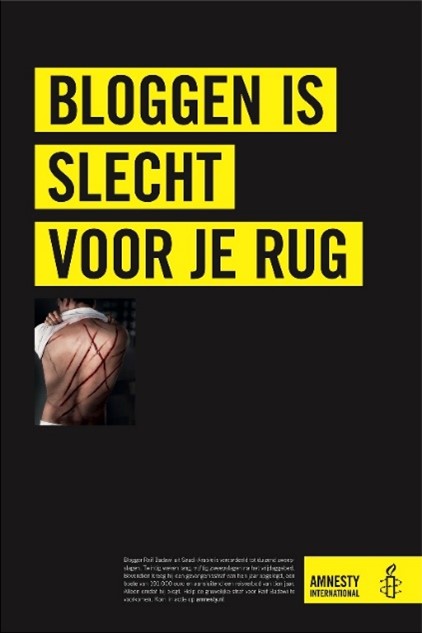 In 2014 maakte Amnesty deze satirische krantenadvertentie naar aanleiding van de veroordeling van de Saudische blogger Raif Badawi tot een gevangenisstraf van 10 jaar, een reisverbod van 10 jaar en een boete va n 191.000 euro. En 1000 stokslagen.