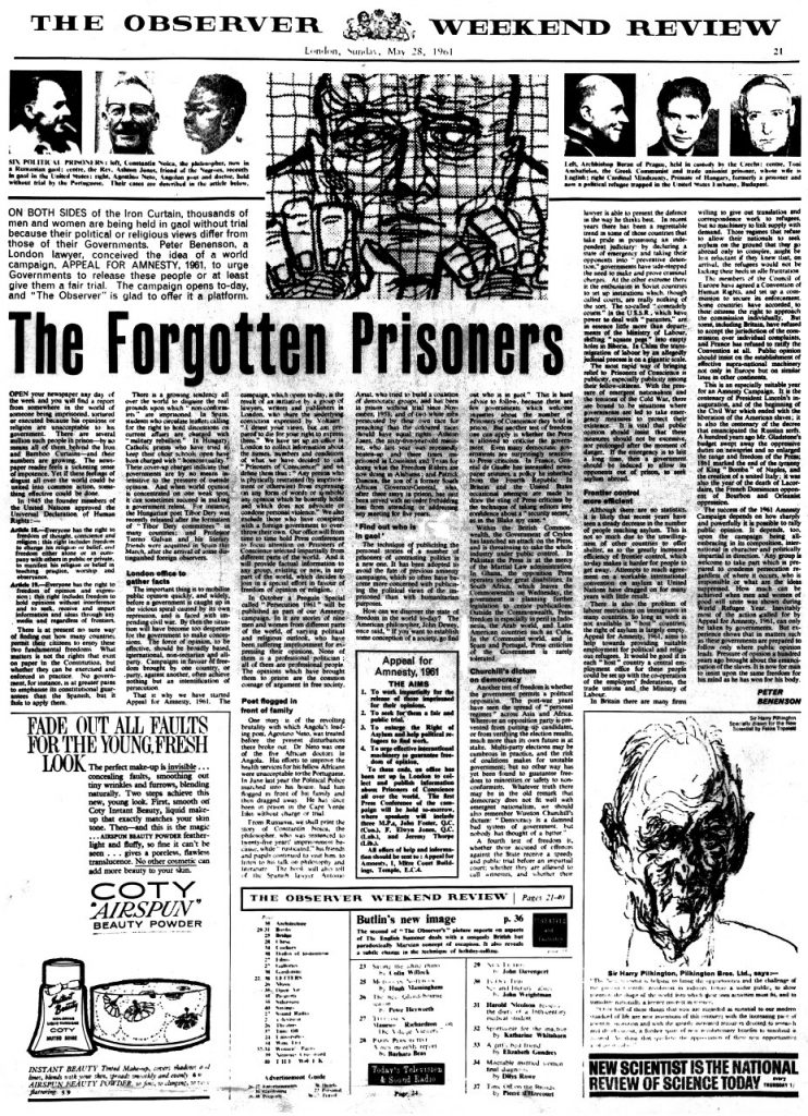 Het artikel 'The Forgotten Prisoners' van Peter Benenson in The Observer van 28 mei 1961 was voor een kleine groep mensen de aanleiding om de voorloper van Amnesty Nederland op te richten.