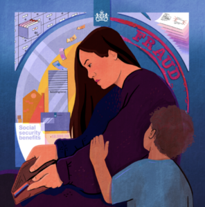 Illustratie over xenofobe machines. Er is een vrouw te zien die een lege portemonnee in haar hand heeft en een kind die haar vasthoudt. De achtergrond is een stad te zien en een logo van de belastingdienst en in het rood het woord 'Fraud'.