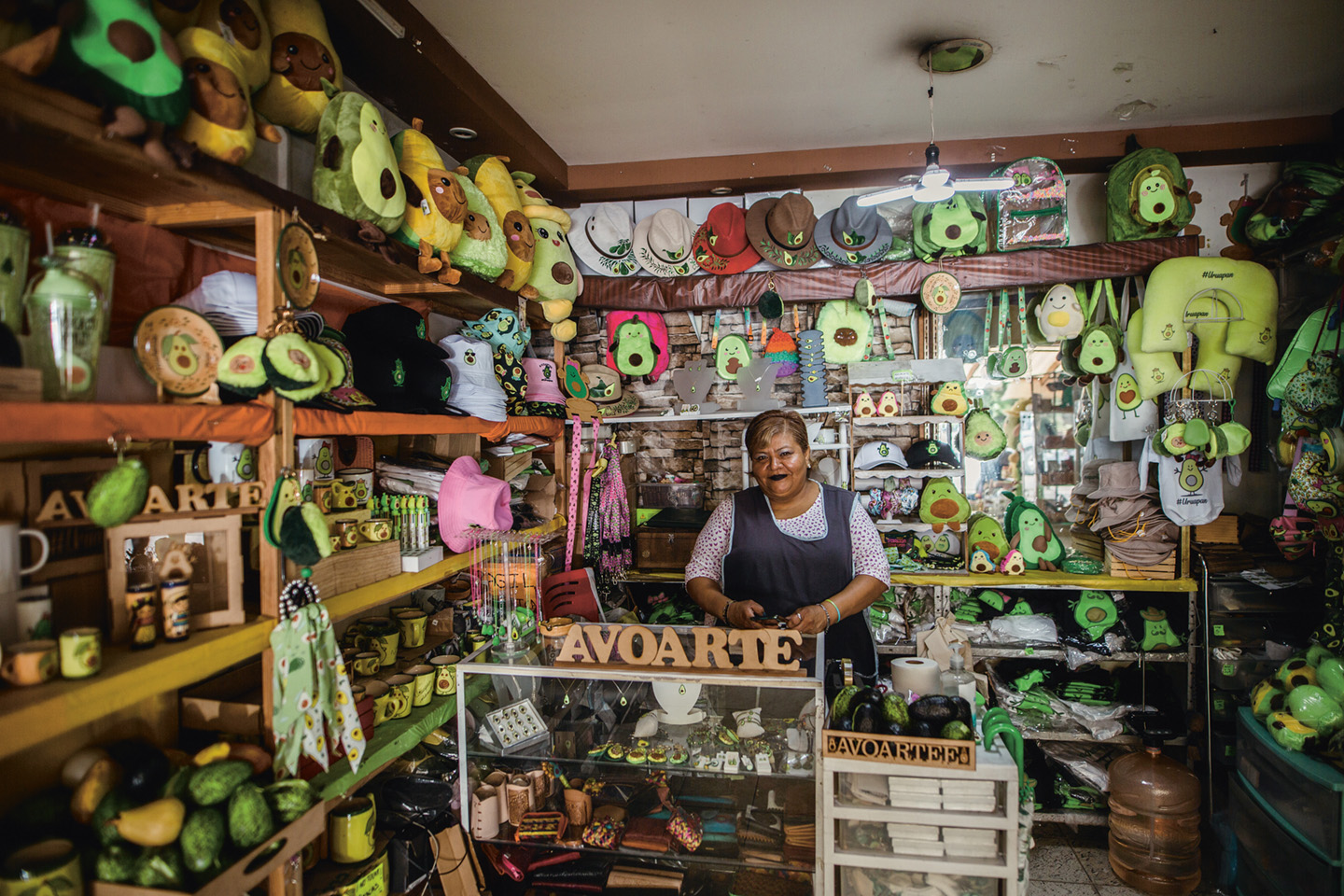 In haar winkel in Uruapan verkoopt Guadelupe Rincon een heleboel avocadogerelateerde souvenirs.