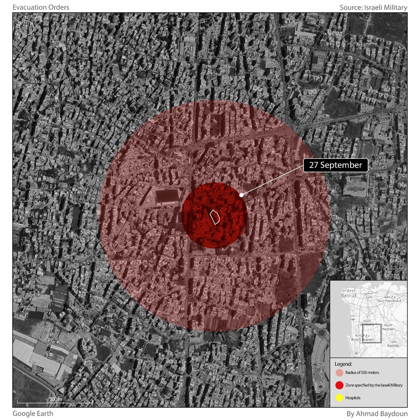 Satellietbeelden van de wijk Al-Laylaki in het zuiden van Beiroet. De rode cirkel toont het gebied dat door het Israëlische leger is gemarkeerd op de kaart die op sociale media is gepubliceerd. Het bredere gebied toont de volledige straal van 500 meter waarop de evacuatiewaarschuwing betrekking heeft.