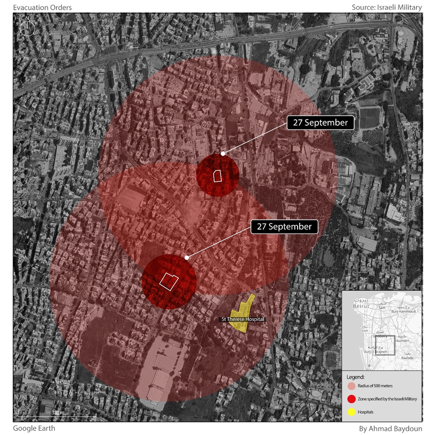 Satellietbeelden van de wijk Al-Hadath in het zuiden van Beiroet. De rode cirkels tonen het gebied dat is gemarkeerd op de kaart die door het Israëlische leger is gepubliceerd op sociale media. De bredere cirkels tonen het gebied waarvoor de evacuatiewaarschuwing geldt.