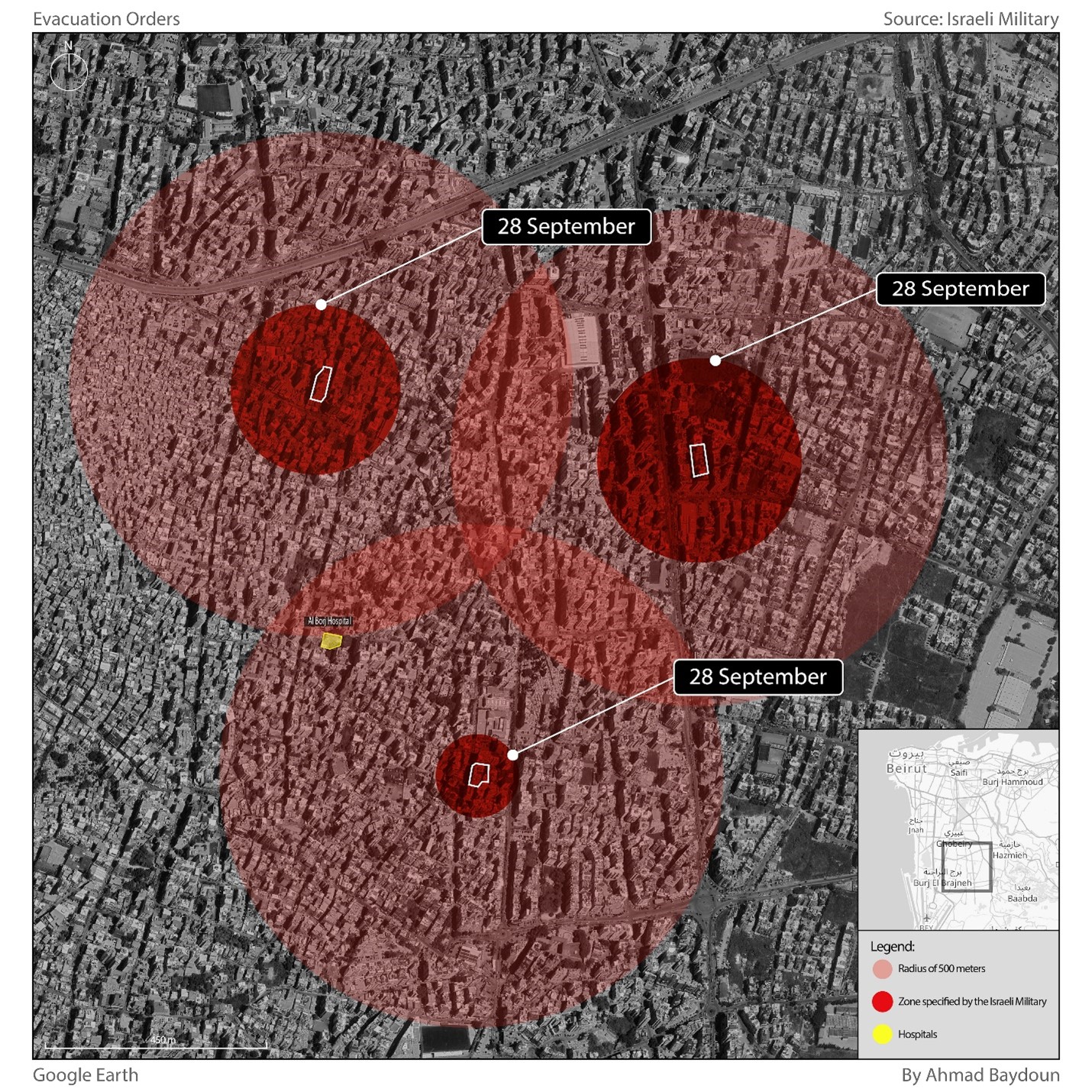 Satellietbeelden van Burj al-Barajneh en Al-Hadath, in de zuidelijke buitenwijken van Beiroet. De rode cirkels tonen het gebied dat is gemarkeerd op de kaart die door het Israëlische leger is gepubliceerd op sociale media. De grotere cirkels tonen het werkelijke gebied waarvoor de evacuatiewaarschuwing geldt.