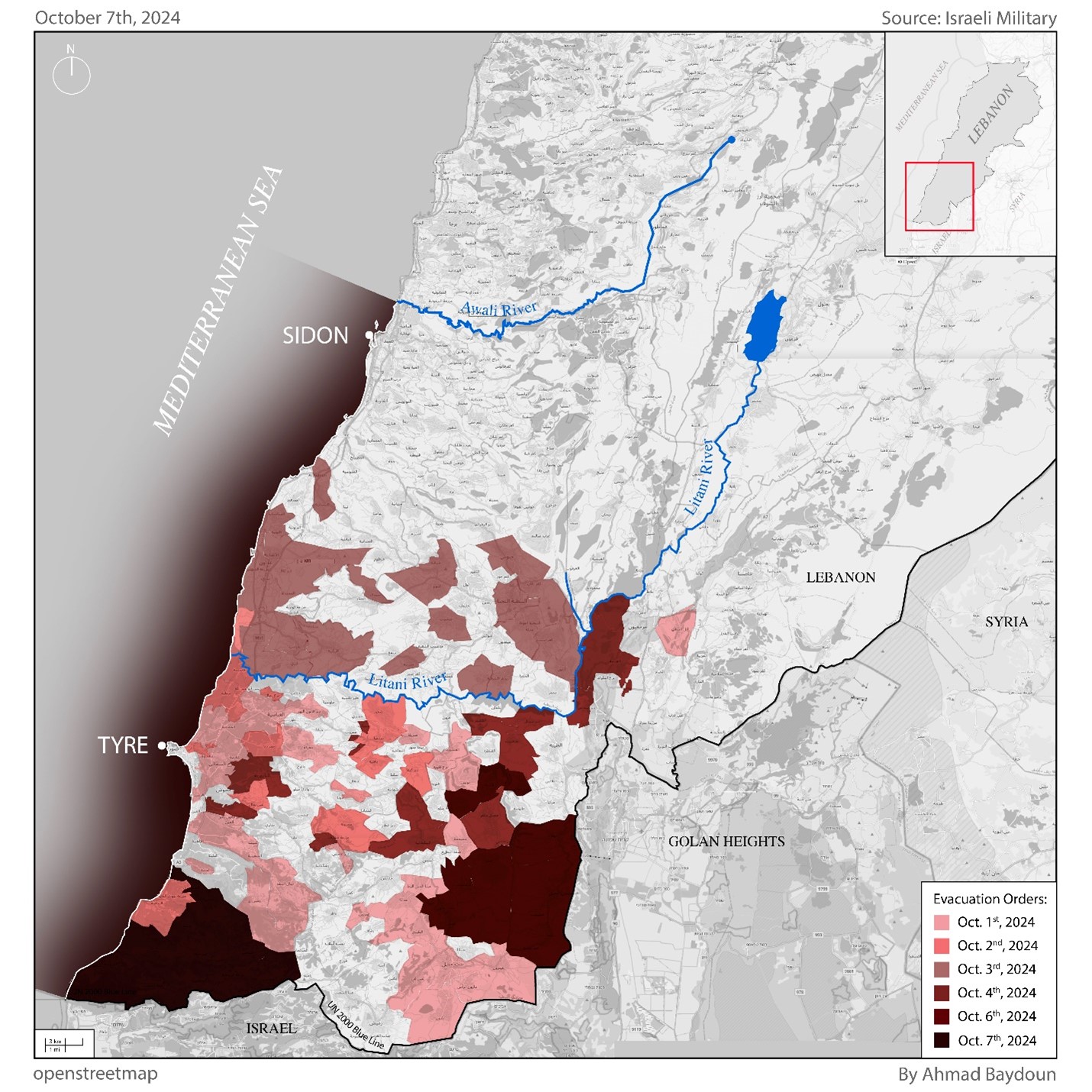 Een kaart met de steden en dorpen in Zuid-Libanon waarvoor evacuatiewaarschuwingen zijn afgekondigd.