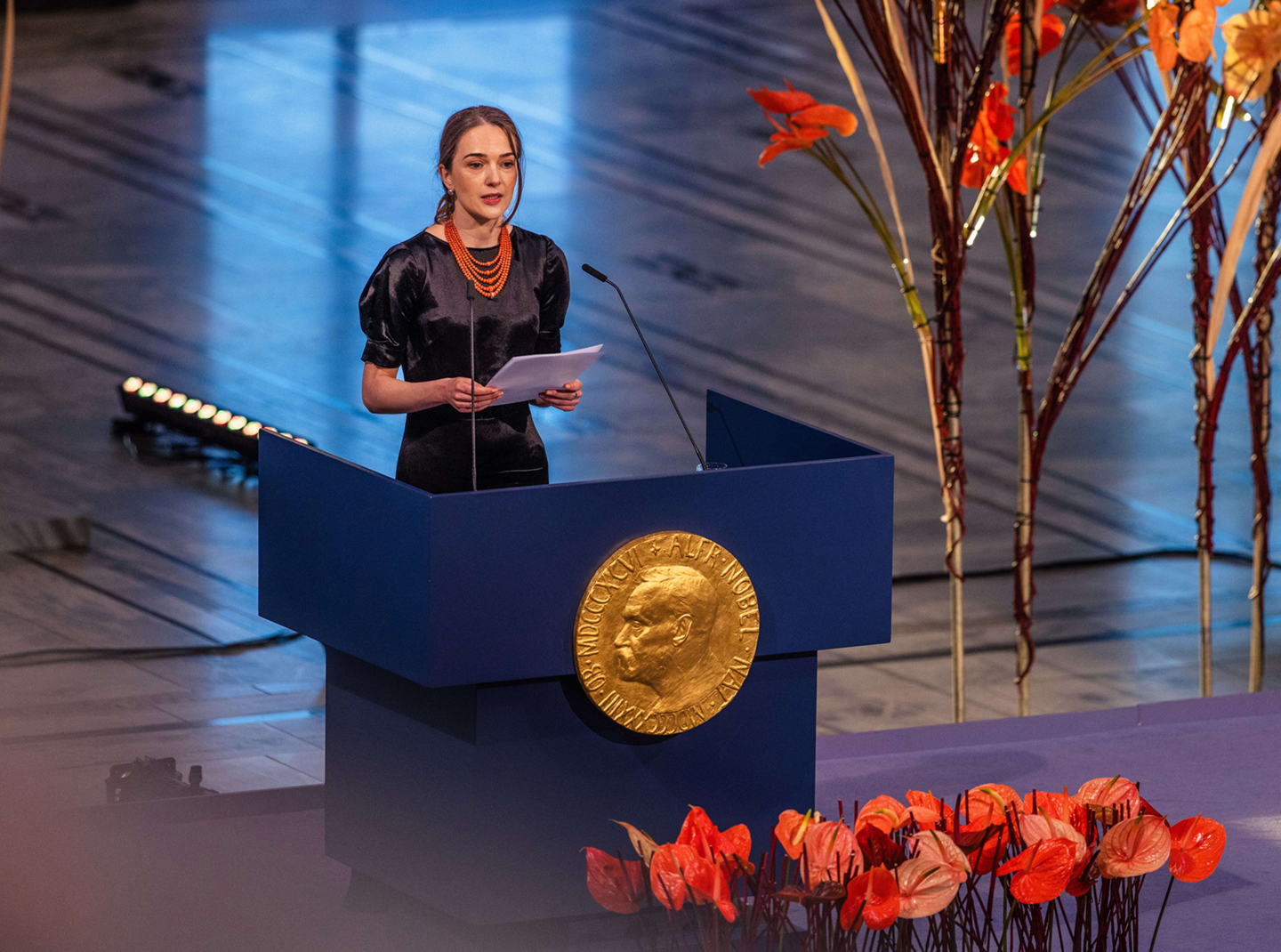 De Oekraïense mensenrechtenadvocaat Oleksandra Matviichuk in 2022 bij de uitreiking van de Nobelprijs voor de Vrede in Oslo. ‘De Nobelprijs maakt onze stemmen hoorbaar.’