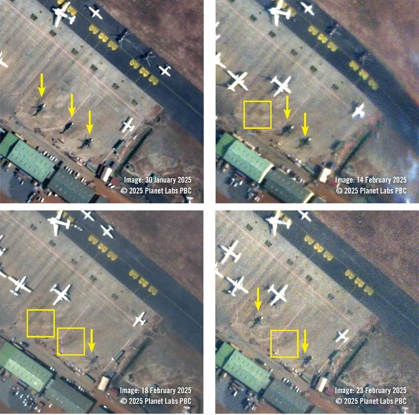 Satellietbeelden die op vier verschillende data tussen 30 januari 2025 en 23 februari 2025 zijn gemaakt, tonen de met gele pijlen gemarkeerde posities van de Mi-24-helikopters op Juba International Airport in Zuid-Sudan. Op de beelden van februari ontbreken elke dag één of twee Mi-24-helikopters, wat erop wijst dat ze operationeel zijn.