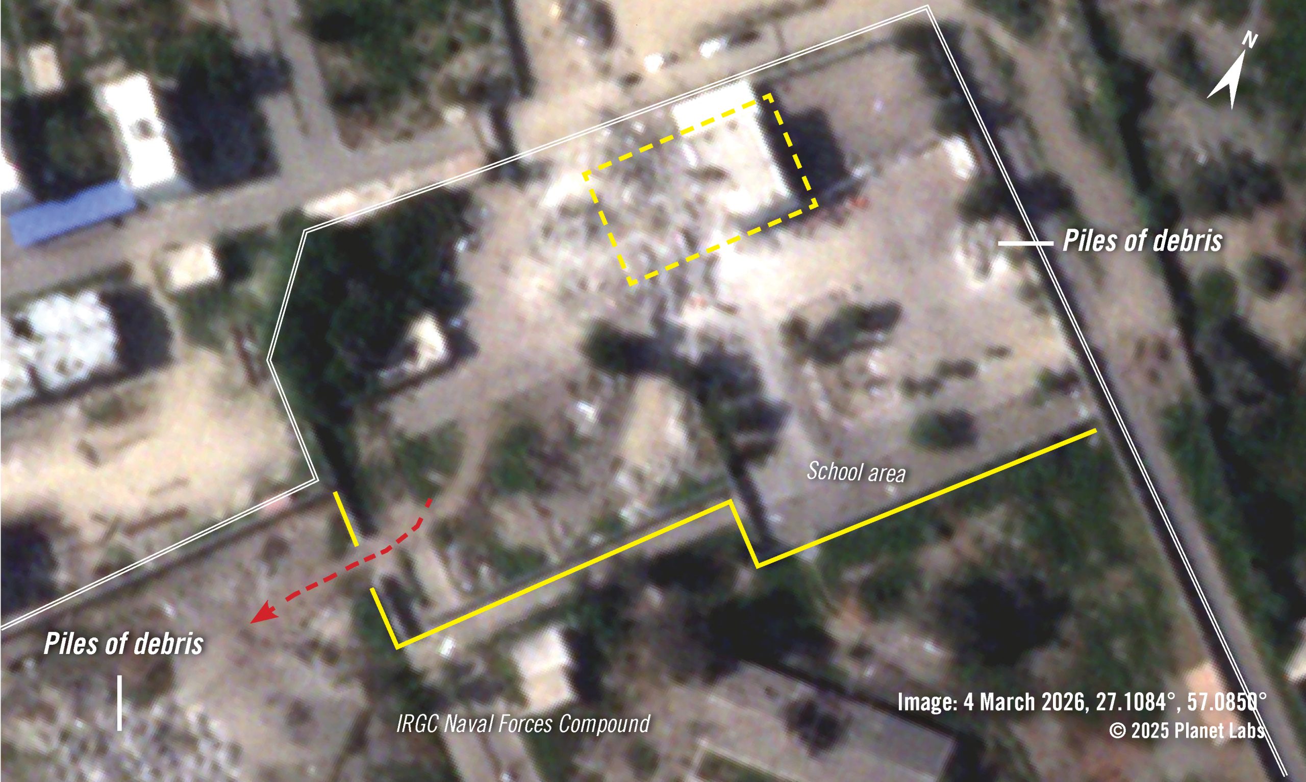 Basisschool Shajareh Tayyebeh in Minab, Iran, op 4 maart 2026, na de verwoestende luchtaanval door de VS.