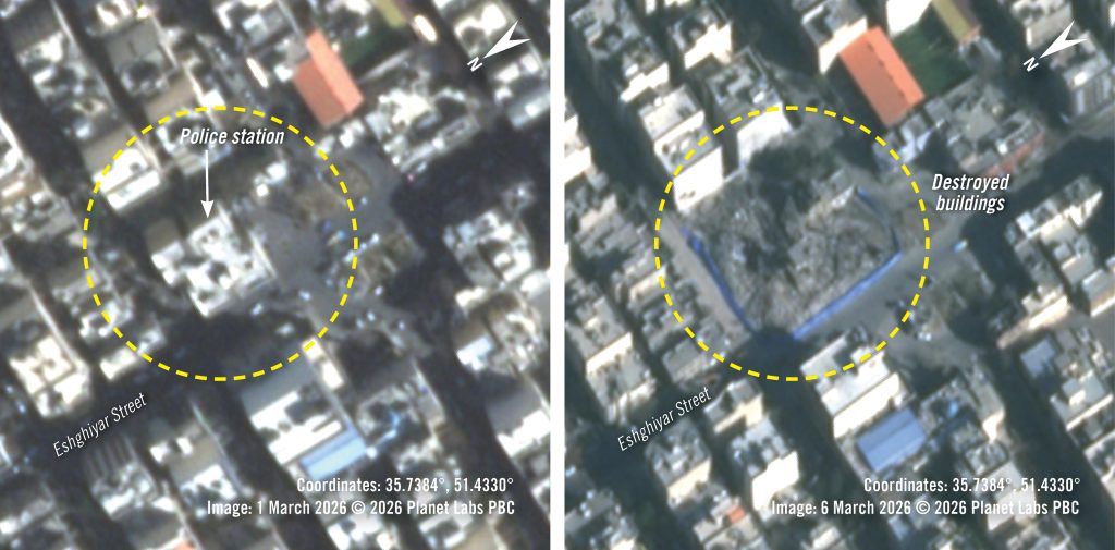 Satellietbeeld van de gevolgen van de aanval In Niloufar. Naast het politiestation zijn ook omliggende gebouwen verwoest of beschadigd.